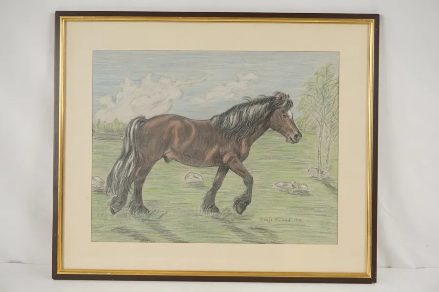 Sonja Boman, häst på fält, pastell 53x44. M38