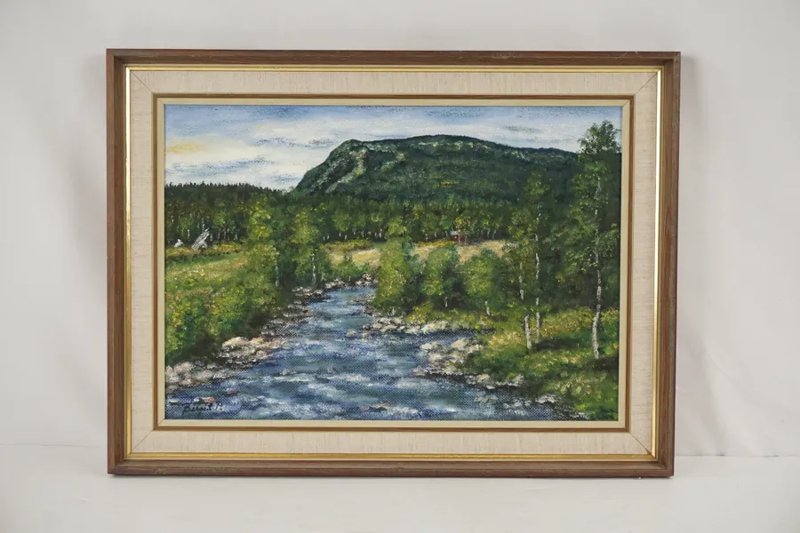 Birgit P, flod, skog & berg, målning, 59x44. M39