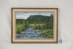 Birgit P, flod, skog & berg, målning, 59x44. M39