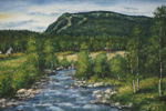 Birgit P, flod, skog & berg, målning, 59x44. M39