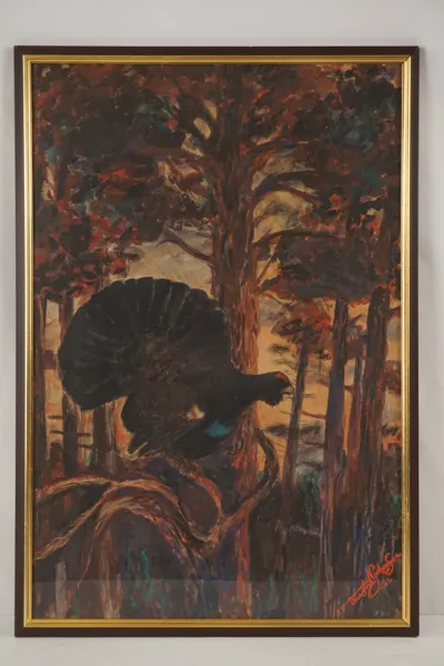 Thorsten Johansson, tjäder på träd, målning, 39x56. M42