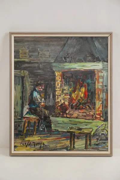 Man framför en öppen spis 41x49cm. M42/