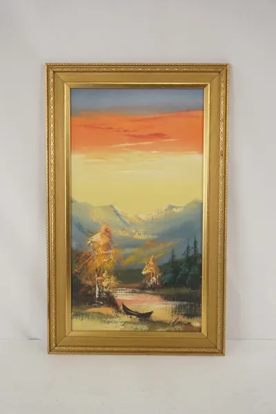 Signerad, höstträd & båt, målning, 40,5x65,5. M46