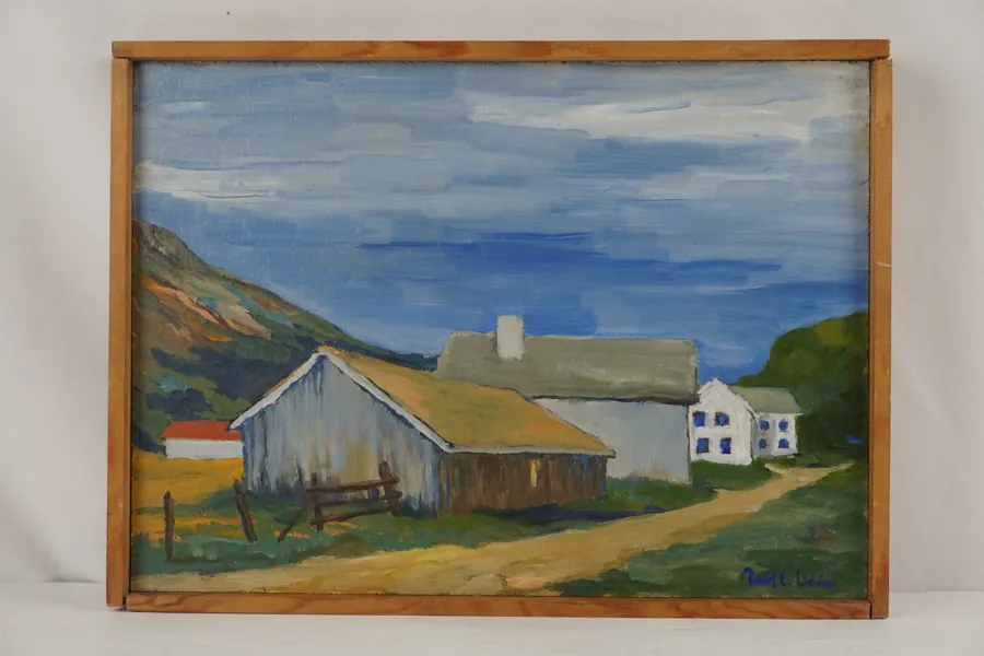 Rolf. E. Lidén, lada & hus, målning, 42x31. M54