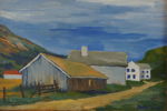 Rolf. E. Lidén, lada & hus, målning, 42x31. M54