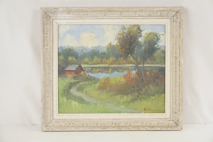 E. Söderström, stig, hus & sjö, målning, 58x50. M63