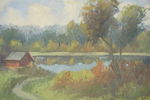 E. Söderström, stig, hus & sjö, målning, 58x50. M63