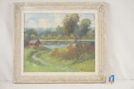 E. Söderström, stig, hus & sjö, målning, 58x50. M63