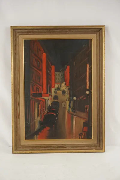 G.A. Bergström, stad i mörker, målning, 49x67. M67