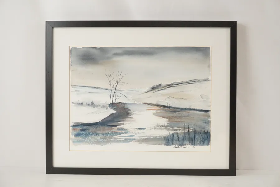 Eva Boström, vinterlandskap med bäck, akvarell, 52x42. M10