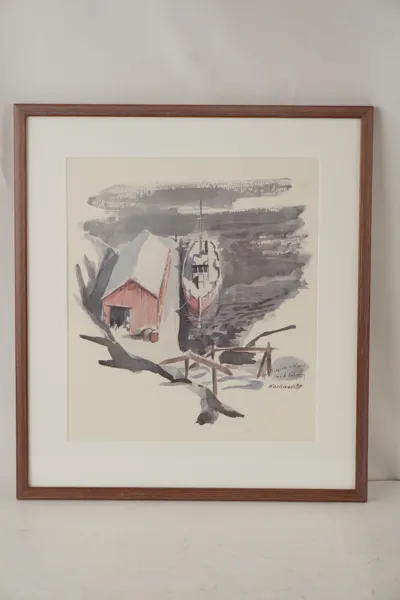 Karlimar, röd båt och sjöbod, akvarell, 41x46. M13