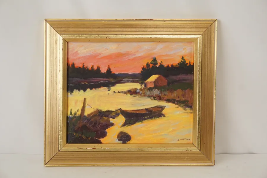 Lennart Möller, vattendrag, båt & hus, Olja, 35x29. M20