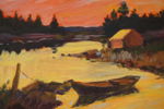 Lennart Möller, vattendrag, båt & hus, Olja, 35x29. M20