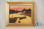 Lennart Möller, vattendrag, båt & hus, Olja, 35x29. M20