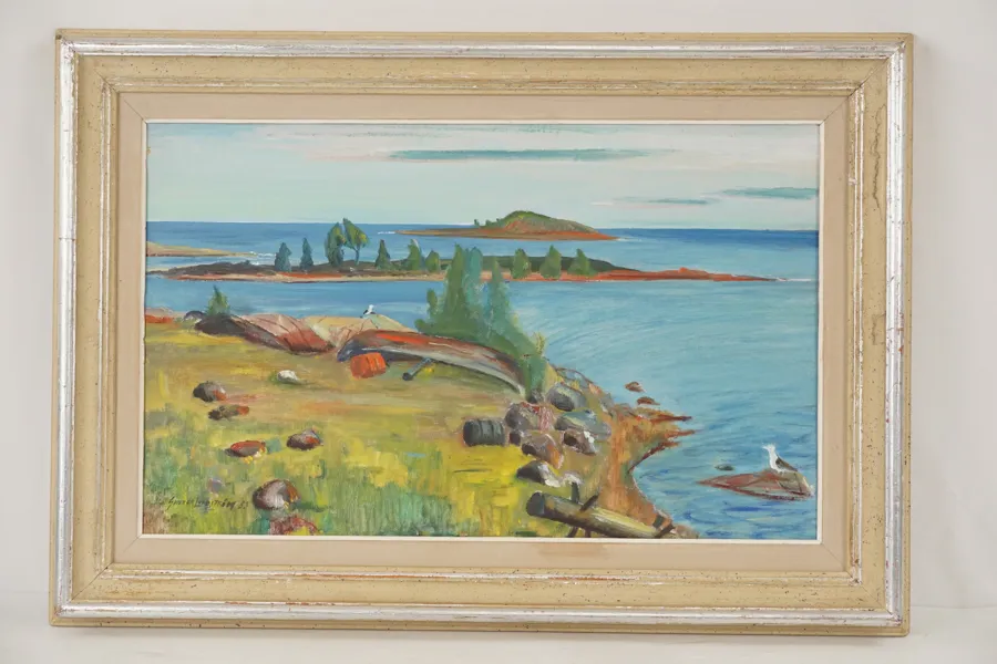 Gunnar Lundström, båtar vid kustlandskap, Olja, 76x53. M36