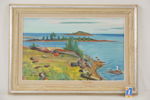 Gunnar Lundström, båtar vid kustlandskap, Olja, 76x53. M36