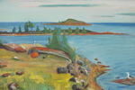 Gunnar Lundström, båtar vid kustlandskap, Olja, 76x53. M36