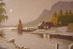 Broderitavla, båt, sjö, berg. M32