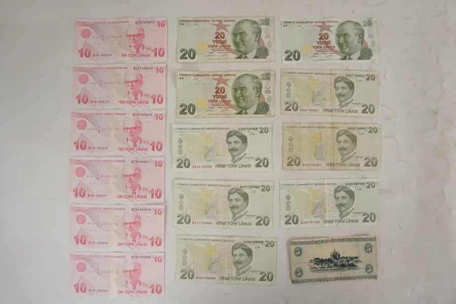 Turkisk 10 & 20 Lira, Dansk 5 sedel. A196/