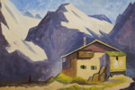 Olja på duk signerad (hus och bergstoppar) 74,5x60,5cm. M13/