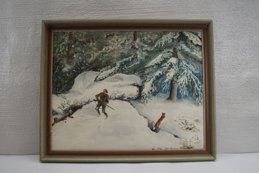 Oljemålning (jägare, räv) 69x56cm. M41