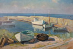 Aage Backhausen signerad olja på duk (hamn) 80x60cm. M27